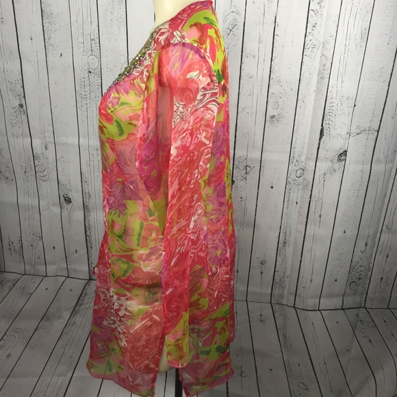 Sahiba Women's Red Floral Top Sequin Trim semi see through tie waist ~me… - Picture 2 of 7